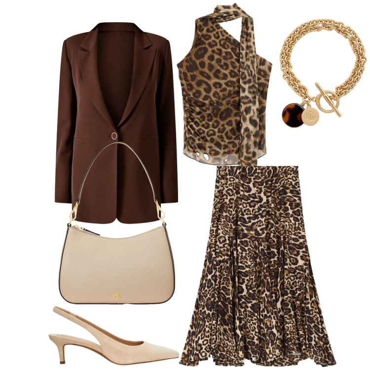 Outfit donna - Animalier. Stile Chic per Serata fuori. Abbinamento con gonne, top, blazer, borse a spalla, décolleté, braccialetti con ciondoli.