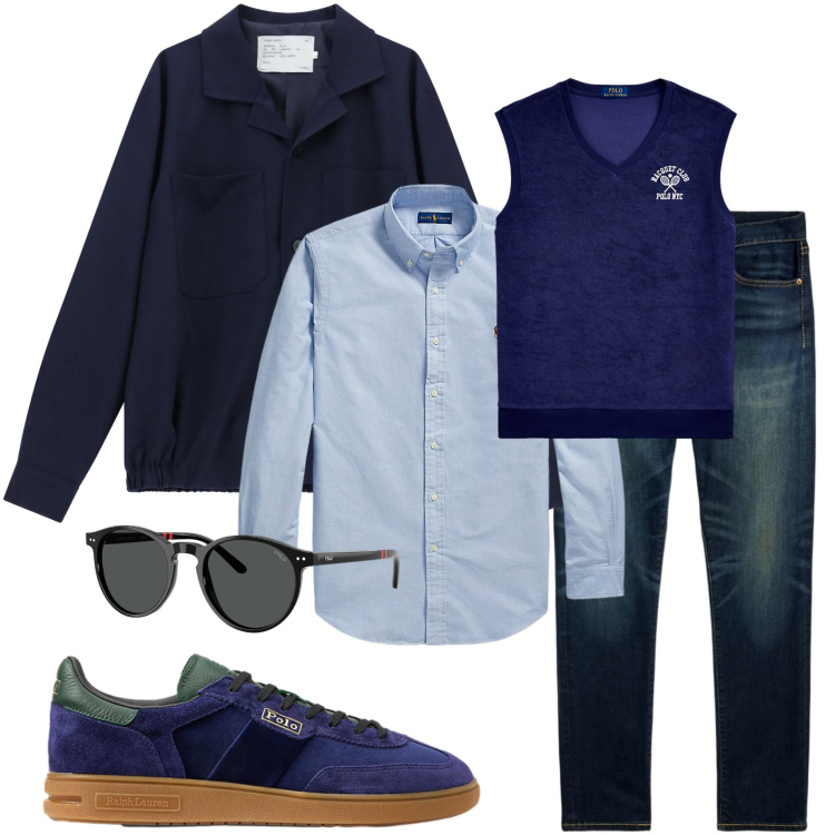 Outfit uomo - Arte del layering. Stile Urban per Tutti i giorni. Abbinamento con cappotti, camicie, jeans, gilet, sneakers, occhiali da sole.