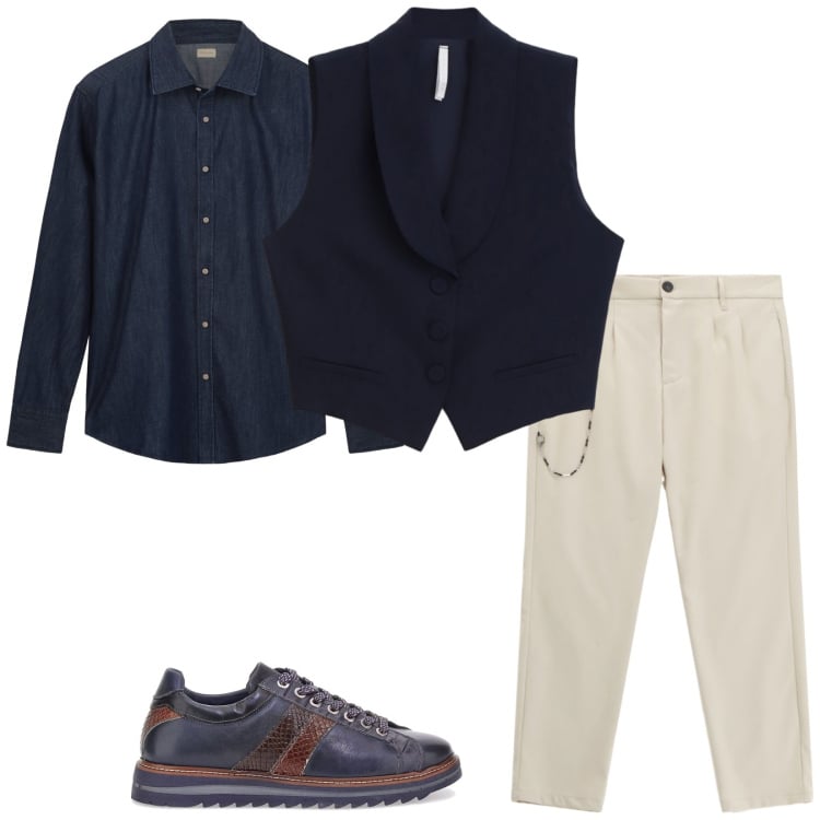 Outfit uomo - Con il gilet. Stile Trendy per Serata speciale. Abbinamento con pantaloni, gilet, camicie, scarpe stringate.