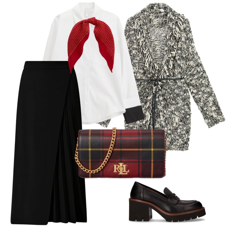 Outfit donna - Lavoro. per Scuola/Università. Abbinamento con gonne longuette, camicie, cardigans, borse a mano, foulard, décolleté.