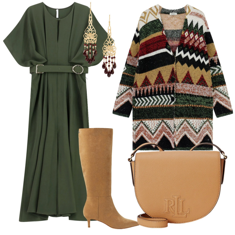 Outfit donna - Autunno in verde. per Tutti i giorni. Abbinamento con cappotti, vestiti lunghi, borse a tracolla, stivali, orecchini.