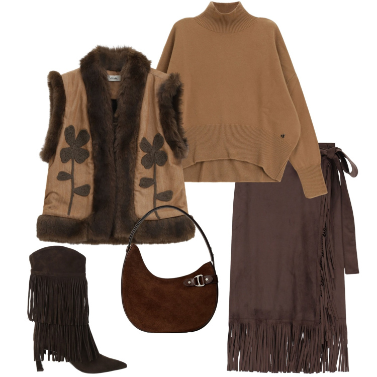 Outfit donna - Gonna e frange. Stile Glamour per Serata fuori. Abbinamento con maglieria, gonne, stivali, gilet, borse a spalla.