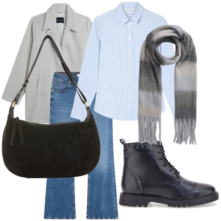 Outfit donna - Andiamo per compere. Stile Basic per Tutti i giorni. Abbinamento con borse a mano, jeans a zampa, camicie, sciarpe, cappotti, anfibi.