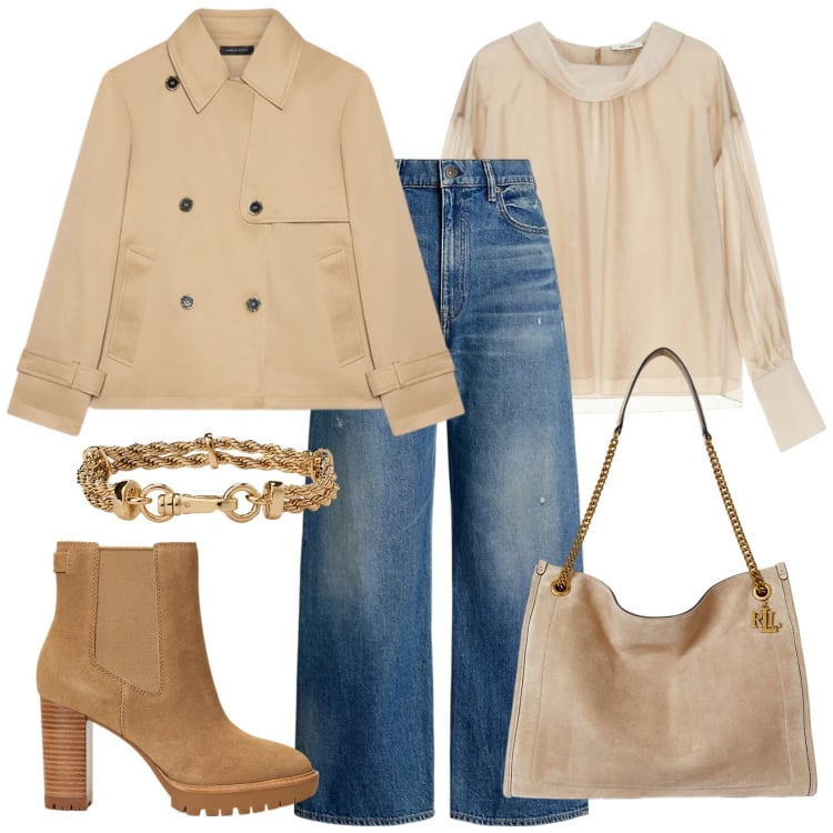 Outfit donna - Trench corto. Stile Casual chic per Tutti i giorni. Abbinamento con camicie, stivaletti chelsea, jeans, borse tote, braccialetti, trench.
