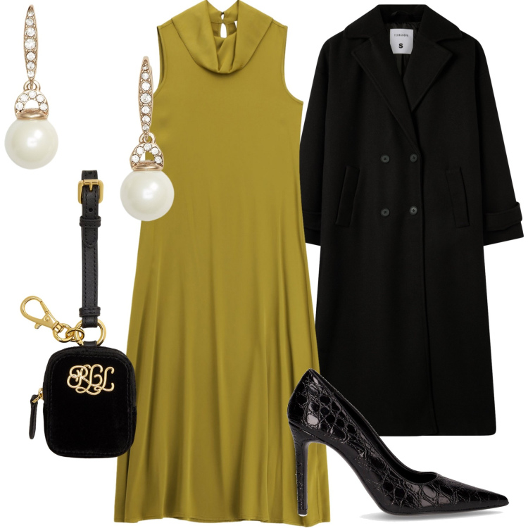 Outfit donna - Vestito color oliva per serata chic. Stile Bon Ton per Serata fuori. Abbinamento con cappotti, vestiti lunghi, orecchini, pochette, décolleté.