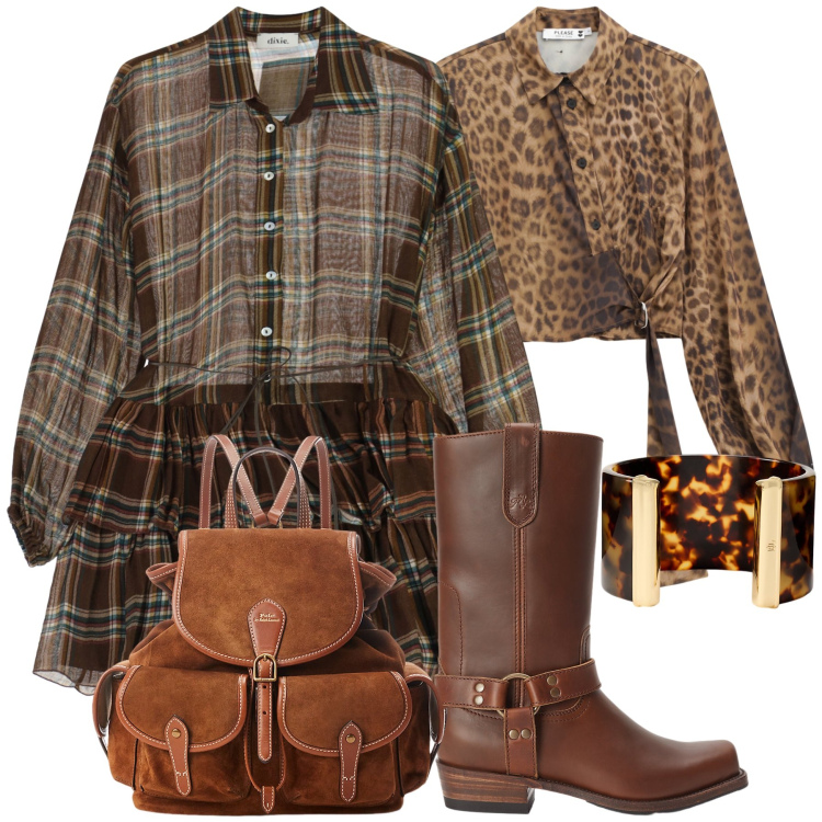 Outfit donna - Autunno. Stile Casual chic per Tutti i giorni. Abbinamento con camicie, vestiti corti, zaini, braccialetti, stivaletti.