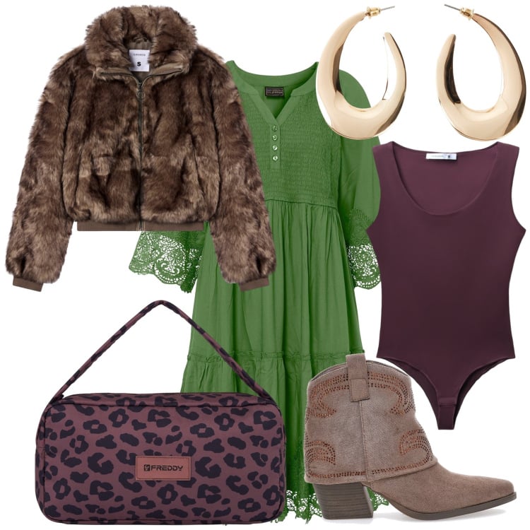 Outfit donna - Bohemienne al caldo. Stile Boho per Tutti i giorni. Abbinamento con vestiti chemisier, orecchini, body, ecopellicce, borse a spalla, stivaletti texani.