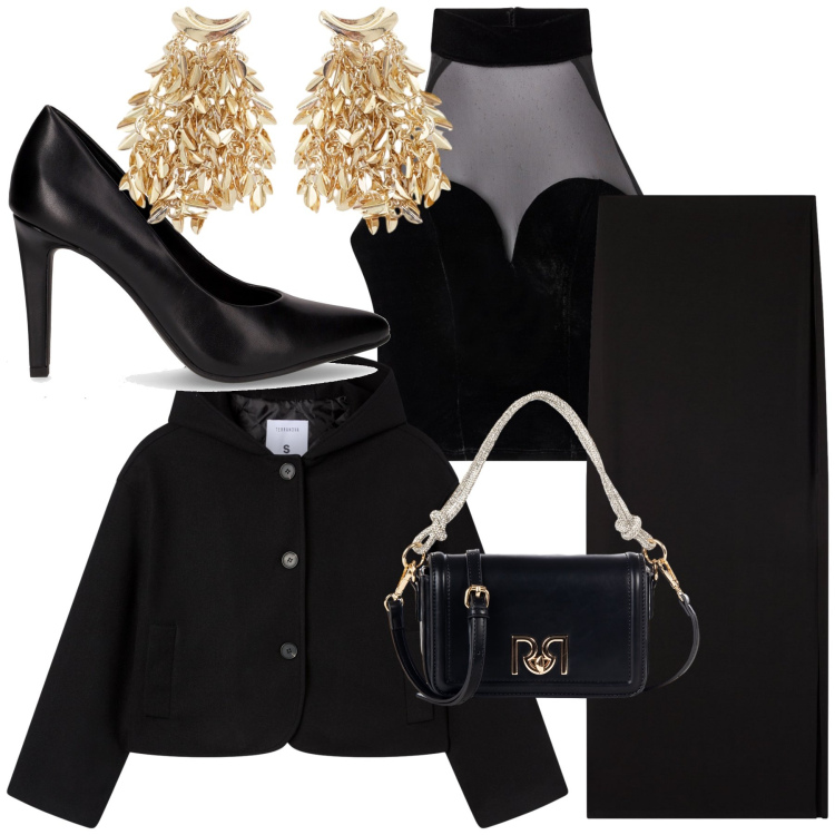 Outfit donna - Notturno. Stile Glamour per Serata fuori. Abbinamento con gonne lunghe, top, caban, borse a mano, orecchini, décolleté.