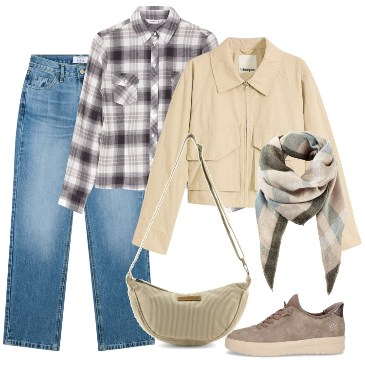 Outfit donna - Il piccolo trench. Stile Casual per Scuola/Università. Abbinamento con sciarpe, trench, jeans dritti, camicie, borse a tracolla, sneakers.