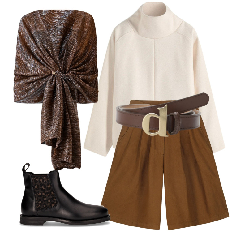 Outfit donna - Beige autunnale. Stile Sporty chic per Tutti i giorni. Abbinamento con maglieria, cinture, stole, bermuda, stivaletti chelsea.
