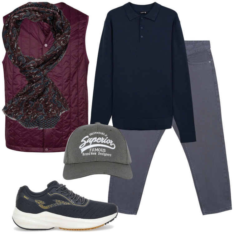Outfit uomo - Minimal and Simply. Stile Urban per Tutti i giorni. Abbinamento con cappelli con visiera, jeans, polo, piumini, sciarpe, sneakers.
