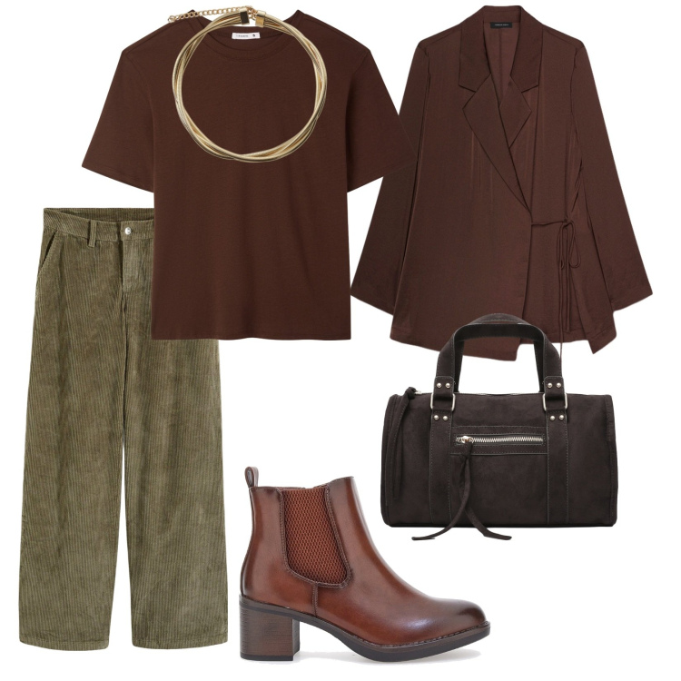 Outfit donna - Pantalone dì velluto. per Tutti i giorni. Abbinamento con pantaloni, t-shirt, borse a mano, collane, stivaletti, blazer.