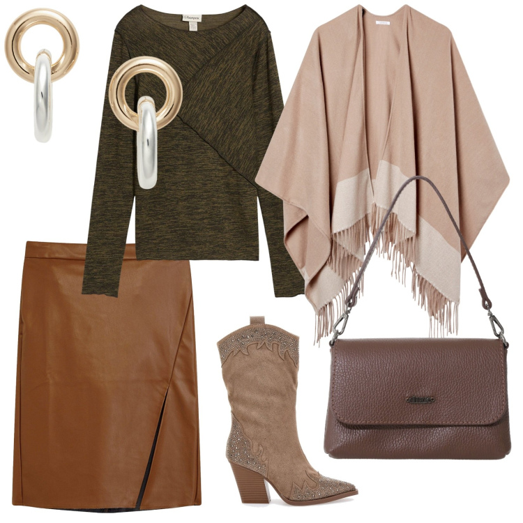 Outfit donna - Over 50. per Tutti i giorni. Abbinamento con maglieria, gonne longuette, cappe, borse a tracolla, orecchini, stivali.