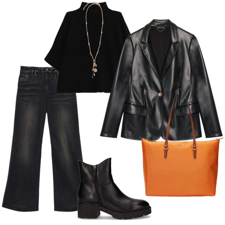 Outfit donna - Over 50. per Tutti i giorni. Abbinamento con maglieria, borse tote, ciondoli, jeans, blazer, stivaletti.
