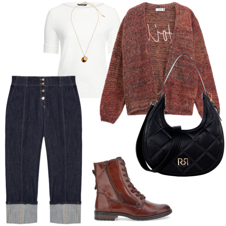 Outfit donna - Over 50. per Tutti i giorni. Abbinamento con cardigans, borse a tracolla, top, collane, anfibi, jeans.