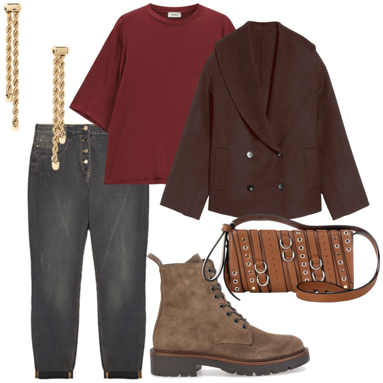 Outfit donna - Cappotto marrone. per Tutti i giorni. Abbinamento con caban, borse a spalla, top, orecchini, jeans, anfibi.