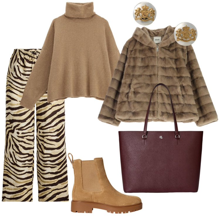 Outfit donna - Arriva il freddo. per Tutti i giorni. Abbinamento con blazer, maglieria, orecchini, pantaloni, stivaletti chelsea, borse tote.