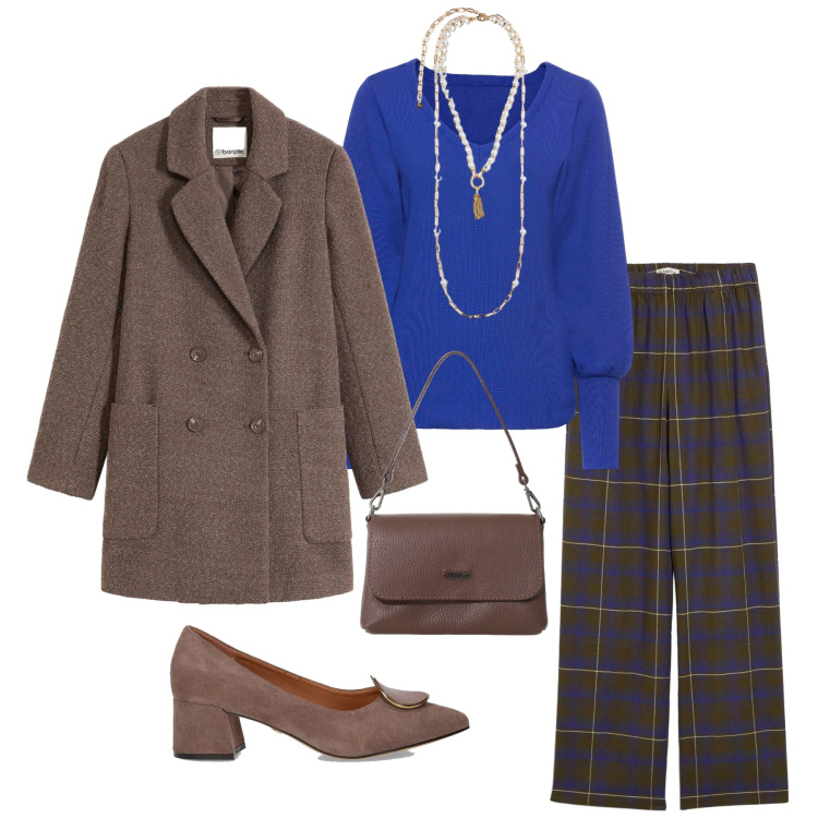 Outfit donna - Total look #2261545. Stile Glamour per Ufficio. Abbinamento con maglieria, cappotti, pantaloni, borse a tracolla, collane, décolleté.