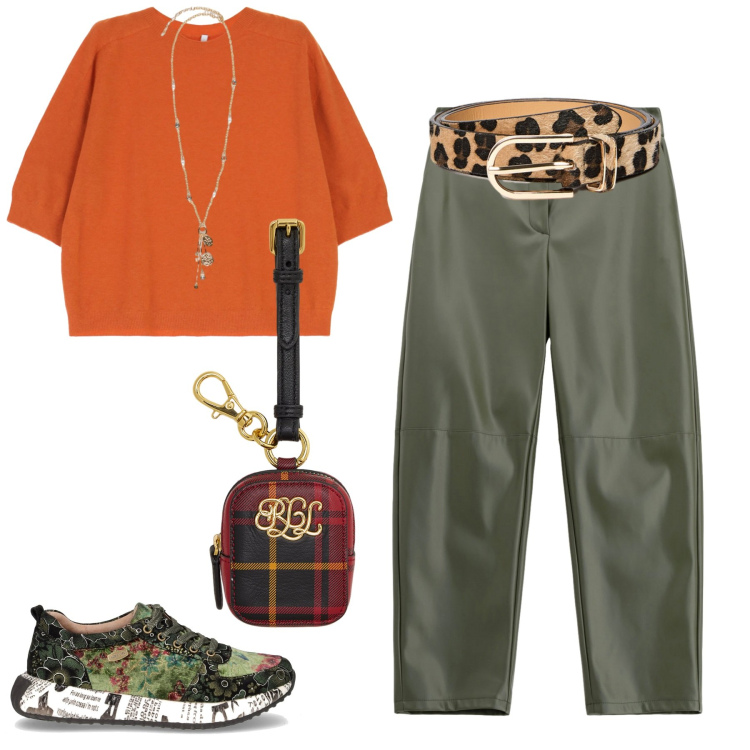 Outfit donna - Colori autunnali. Stile Sporty chic per Tutti i giorni. Abbinamento con pantaloni, maglieria, pochette, sneakers, ciondoli, cinture.