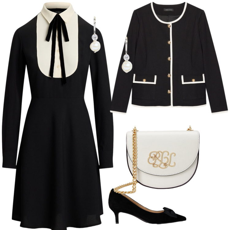 Outfit donna - Bon ton. per Serata fuori. Abbinamento con borse a tracolla, orecchini, décolleté, vestiti, blazer.