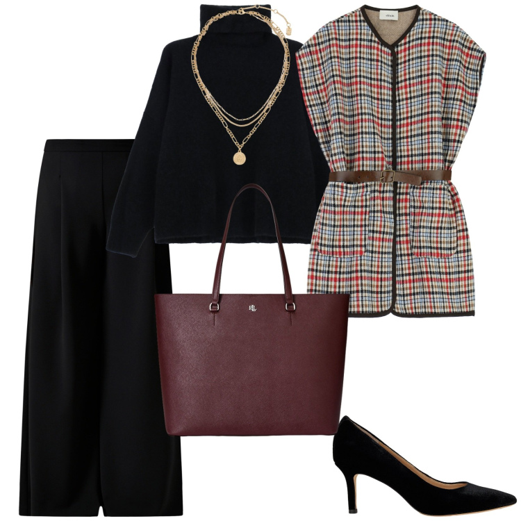 Outfit donna - A lavoro. per Ufficio. Abbinamento con pantaloni a palazzo, maglieria, gilet, ciondoli, borse tote, décolleté.