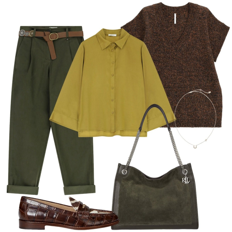 Outfit donna - Oggi shopping. Stile Basic per Tutti i giorni. Abbinamento con maglieria, camicie, pantaloni, mocassini, ciondoli, borse tote.
