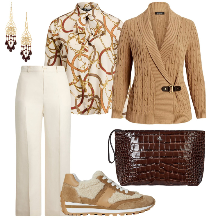 Outfit donna - Di giorno. per Tutti i giorni. Abbinamento con pantaloni, maglieria, pochette, sneakers, orecchini, camicie.