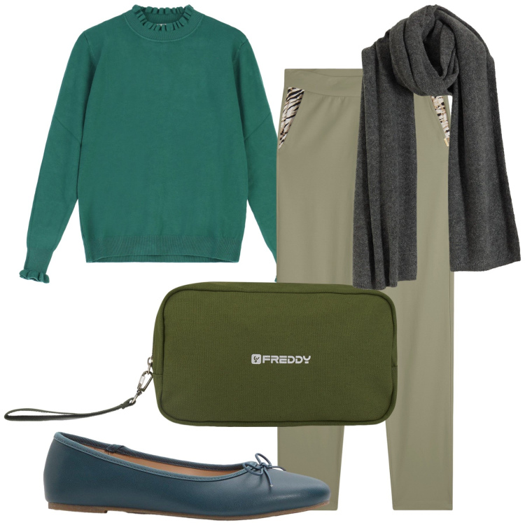 Outfit donna - Green is green. Stile Basic per Tutti i giorni. Abbinamento con ballerine, sciarpe, valigie, pantaloni, maglieria.