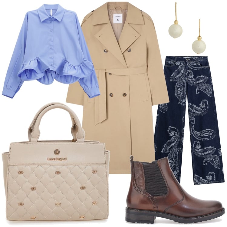Outfit donna - Sotto il trench.... Stile Casual chic per Tutti i giorni. Abbinamento con trench, jeans, camicie, orecchini, stivaletti chelsea, borse a mano.