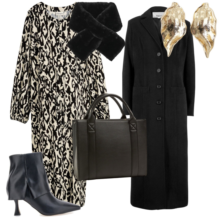 Outfit donna - Dicembre. per Tutti i giorni. Abbinamento con cappotti, vestiti midi/longuette, borse tote, sciarpe, orecchini, stivaletti.