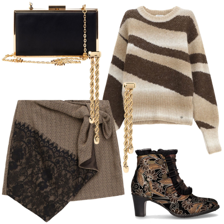Outfit donna - Aperitivo in maglione. Stile Glamour per Serata fuori. Abbinamento con pochette, pullovers, minigonne, orecchini, stivaletti.