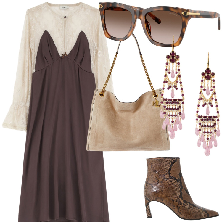 Outfit donna - Cena boho. Stile Boho per Serata fuori. Abbinamento con vestiti midi/longuette, stivaletti, borse tote, orecchini, occhiali da sole.