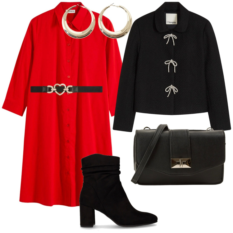 Outfit donna - Io e te. per Serata fuori. Abbinamento con blazer, vestiti chemisier, cinture, borse a tracolla, orecchini, stivaletti.