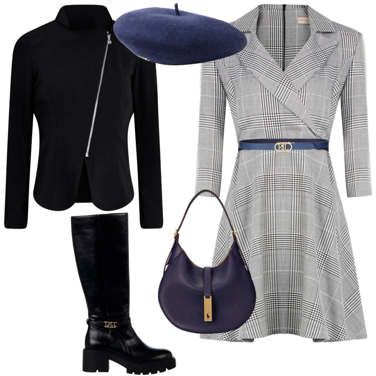 Outfit donna - Accessori per autunno/inverno. Stile Trendy per Tutti i giorni. Abbinamento con stivali sopra il ginocchio, blazer, vestiti corti, cinture, borse a spalla, berretti.