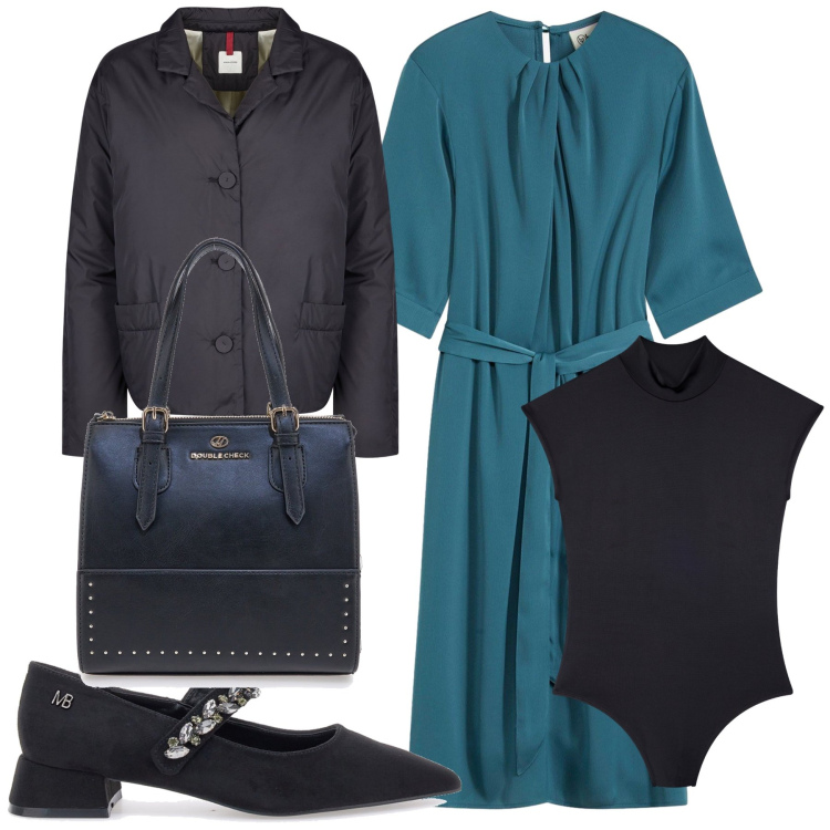 Outfit donna - Abito adatto all ufficio con riunioni. Stile Urban per Ufficio. Abbinamento con vestiti midi/longuette, body, décolleté, blazer, borse a mano.