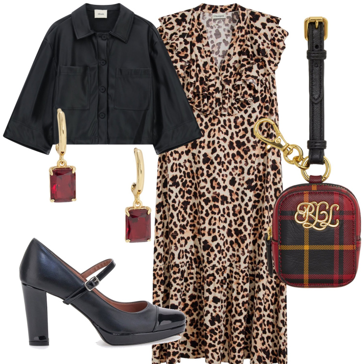 Outfit donna - Animalier e quadri per cresima. Stile Trendy per Cerimonia. Abbinamento con vestiti midi/longuette, blazer, pochette, orecchini, décolleté.