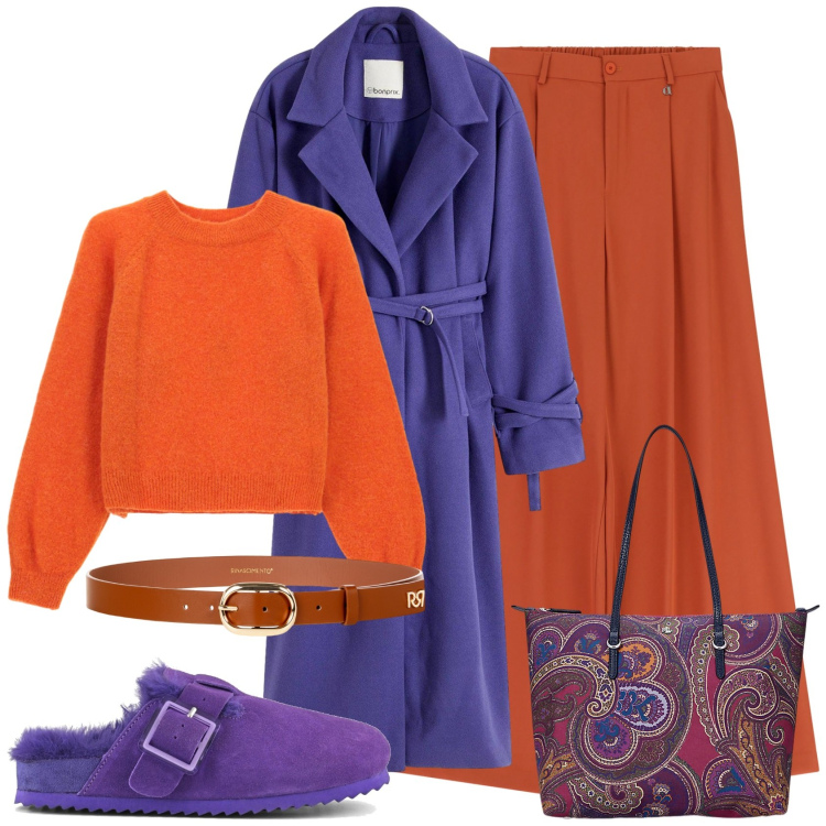 Outfit donna - Viola e arancio in città. Stile Casual chic per Tutti i giorni. Abbinamento con cappotti, cinture, maglieria, pantaloni a palazzo, borse tote, sabot.