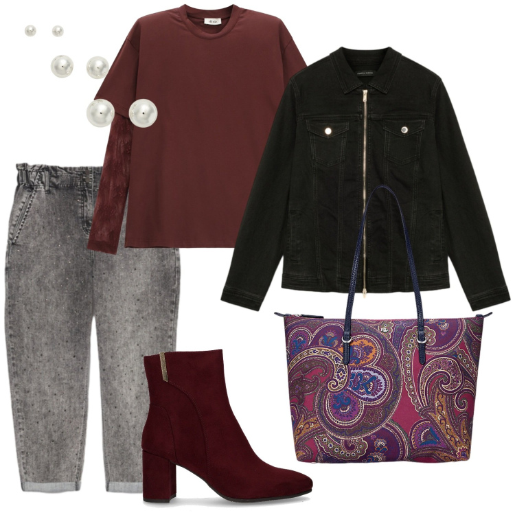 Outfit donna - Perle e perline. per Tutti i giorni. Abbinamento con top, orecchini, borse tote, jeans, stivaletti, blazer.