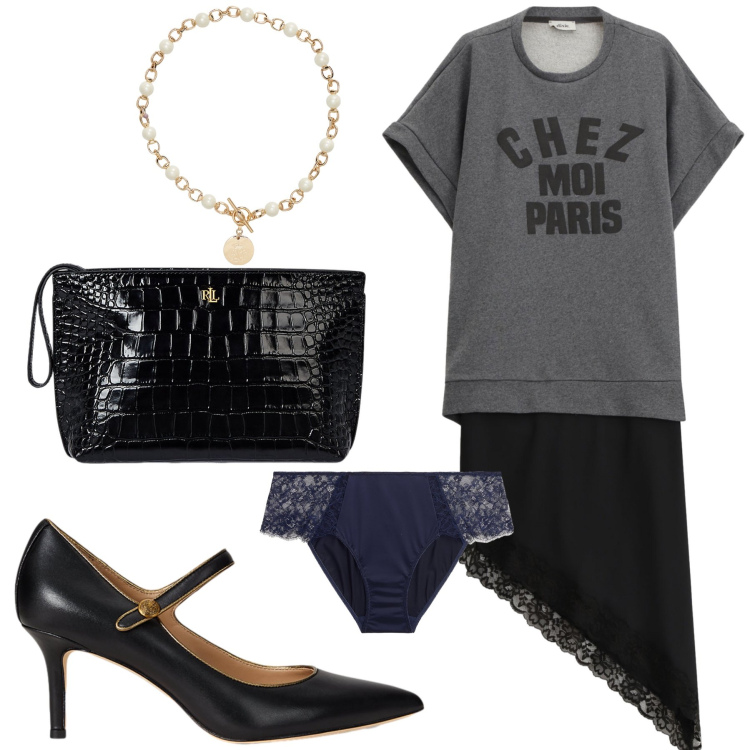Outfit donna - Un abito insolito per cena con lui. Stile Glamour per Serata fuori. Abbinamento con vestiti midi/longuette, collane, pochette, décolleté, culotte.