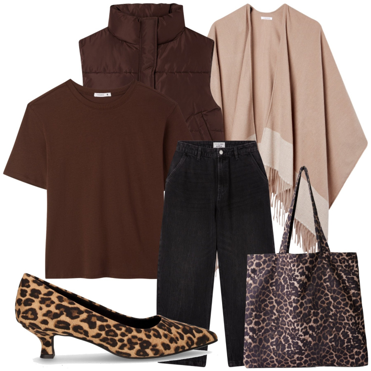 Outfit donna - T-shirt smanicato e mantella. Stile Urban per Ufficio. Abbinamento con cappe, t-shirt, jeans, shopping bag, piumini, décolleté.