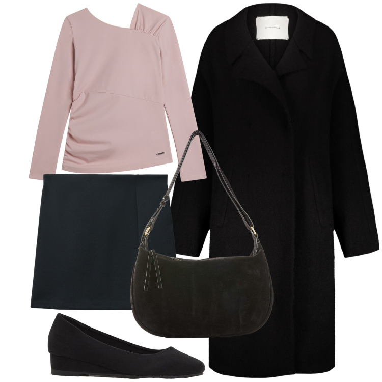 Outfit donna - Nero e un po’ di rosa. Stile Urban per Tutti i giorni. Abbinamento con borse a mano, décolleté, minigonne, maglieria, cappotti.