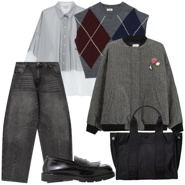Outfit donna - Dixie school. per Scuola/Università. Abbinamento con mocassini, camicie, gilet, jeans, bomber, borse tote.