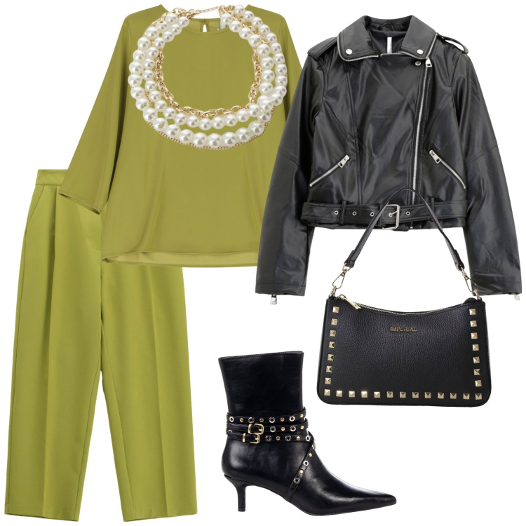 Outfit donna - Perle e pelle. per Serata fuori. Abbinamento con collane, stivaletti, giacche, bluse, pantaloni, pochette.