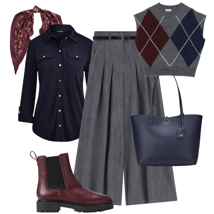 Outfit donna - Autunno comodo con stile. Stile Casual chic per Tutti i giorni. Abbinamento con pantaloni a palazzo, gilet, borse tote, foulard, stivaletti chelsea, camicie.