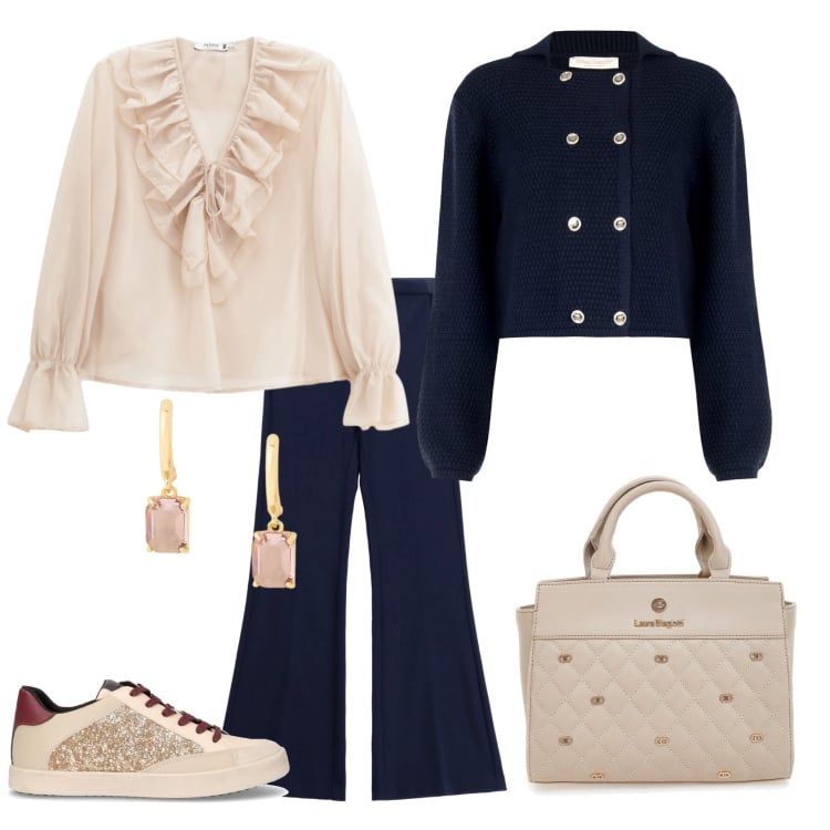 Outfit donna - Rouches. Stile Romantica per Ufficio. Abbinamento con camicie, blazer, pantaloni, orecchini, sneakers, borse a mano.