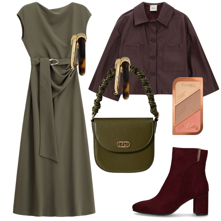 Outfit donna - Sabato sera. Stile Chic per Serata fuori. Abbinamento con blush, blazer, borse a mano, vestiti lunghi, orecchini, stivaletti.