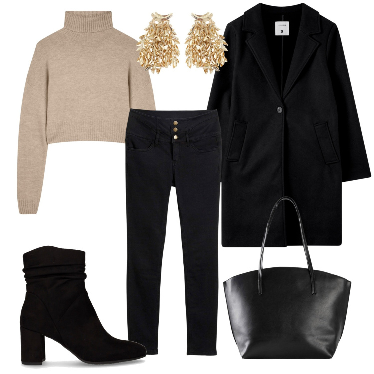 Outfit donna - Quel dettaglio in più. Stile Minimal per Tutti i giorni. Abbinamento con jeans skinny, shopping bag, maglieria, cappotti, orecchini, stivaletti.