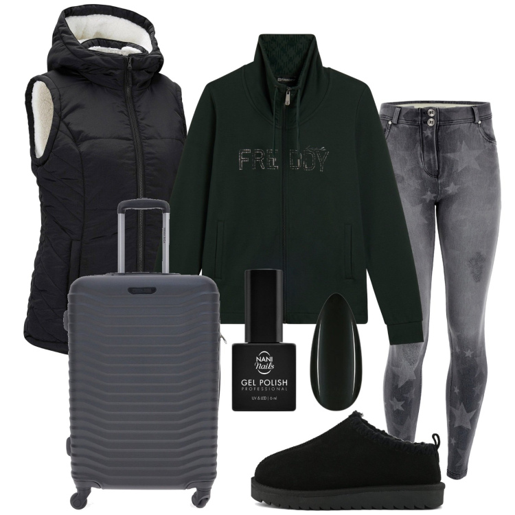 Outfit donna - Go!. Stile Urban per Tutti i giorni. Abbinamento con gilet, smalti, jeans skinny, felpe, valigie, sabot.