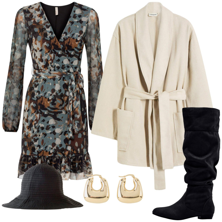 Outfit donna - Fashion week. Stile Glamour per Serata fuori. Abbinamento con stivali, cappelli, vestiti corti, blazer, orecchini.