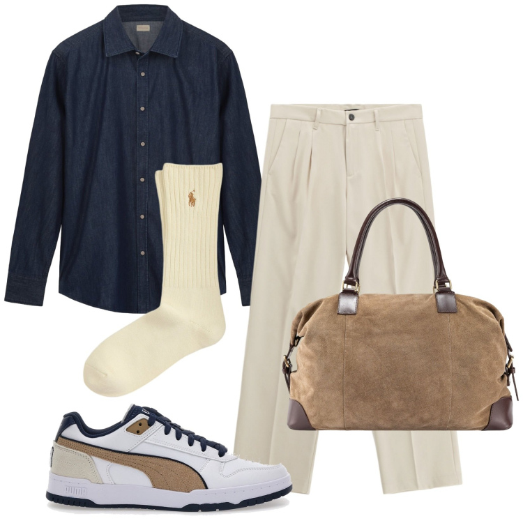 Outfit uomo - Essenzialmente minimal. Stile Trendy per Tutti i giorni. Abbinamento con pantaloni, calzini, sneakers, borse sportive, camicie.